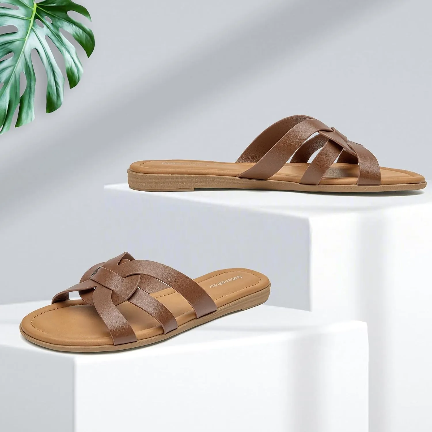 SelenePair Women's Flat Sandals Cross Strap Dress Slide Sandals Casual Summer Beach Shoes