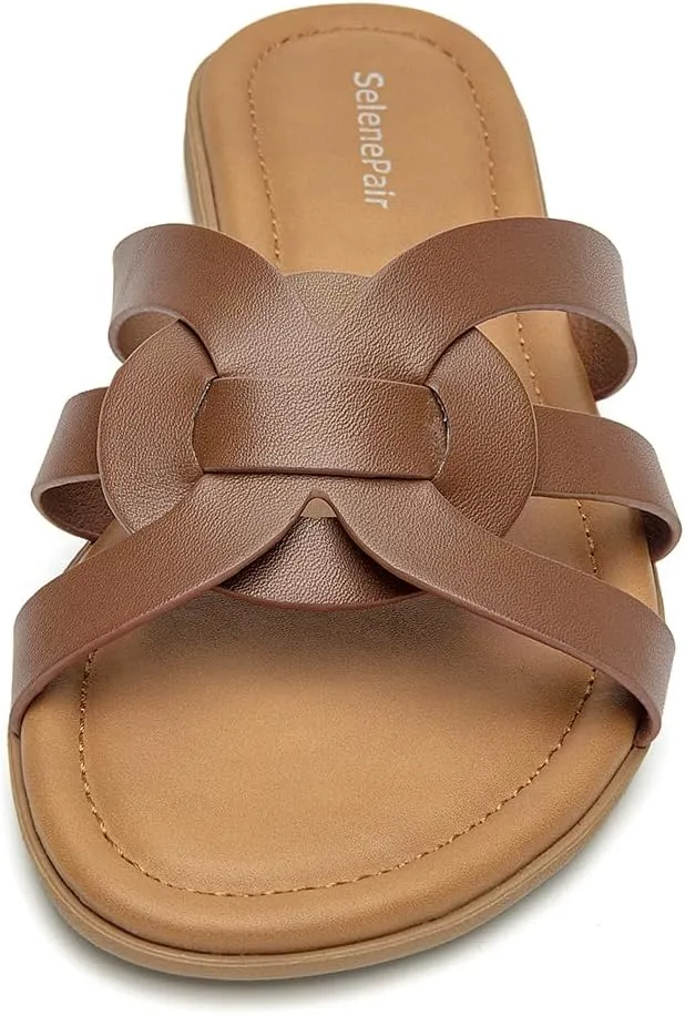 SelenePair Women's Flat Sandals Cross Strap Dress Slide Sandals Casual Summer Beach Shoes