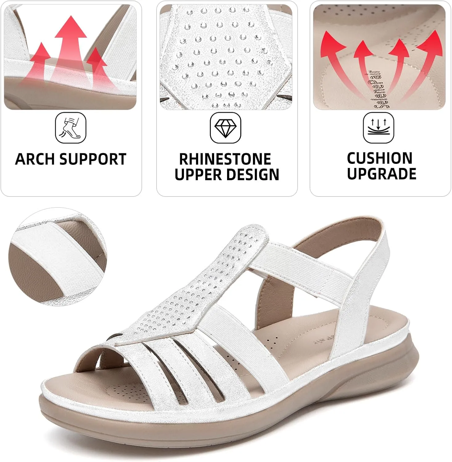 SelenePair Women's Flat Sandals Elastic Straps Rhinestone Arch Support Lightweight Slides Comfortable Casual Walking Shoes