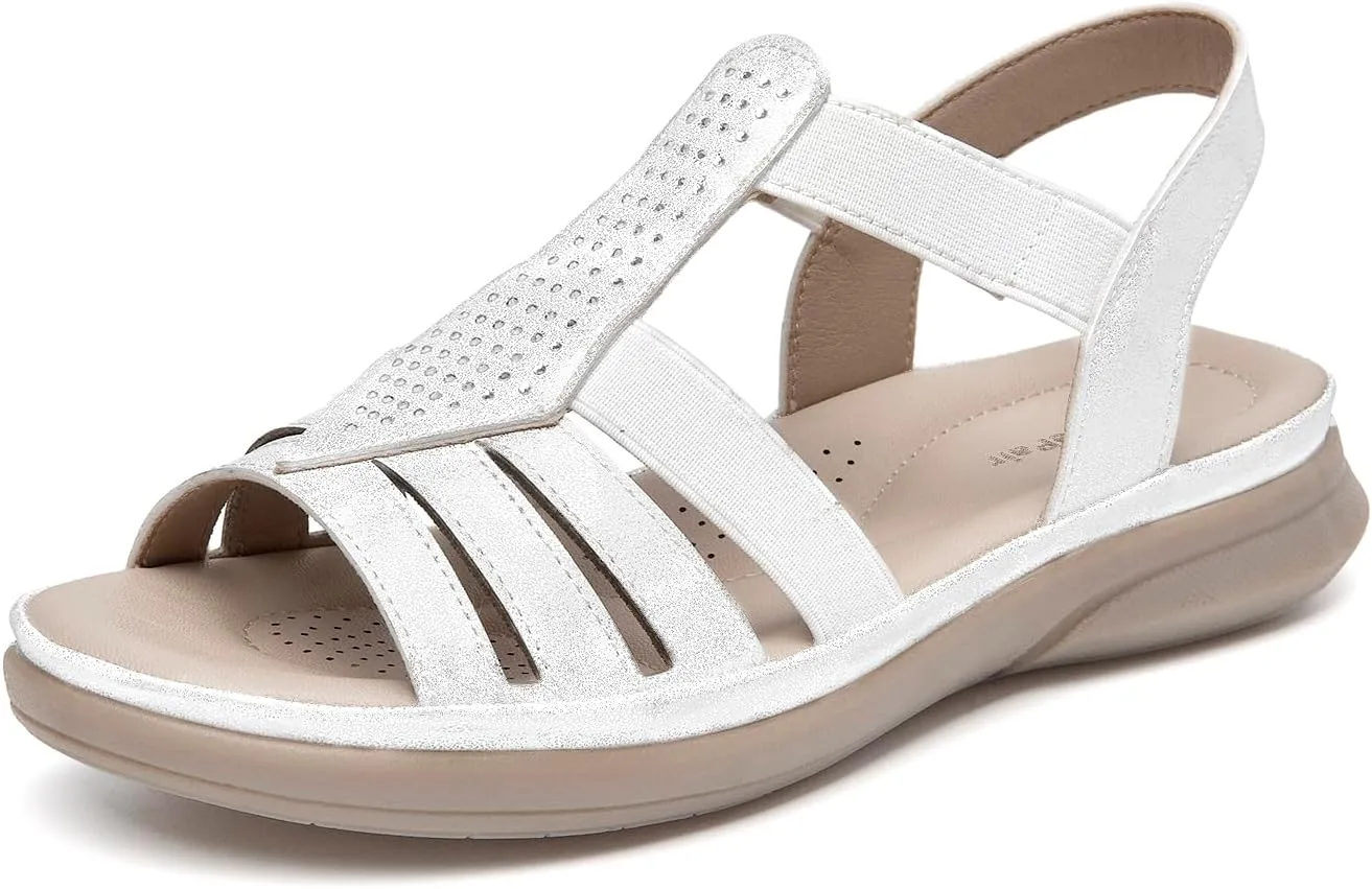 SelenePair Women's Flat Sandals Elastic Straps Rhinestone Arch Support Lightweight Slides Comfortable Casual Walking Shoes