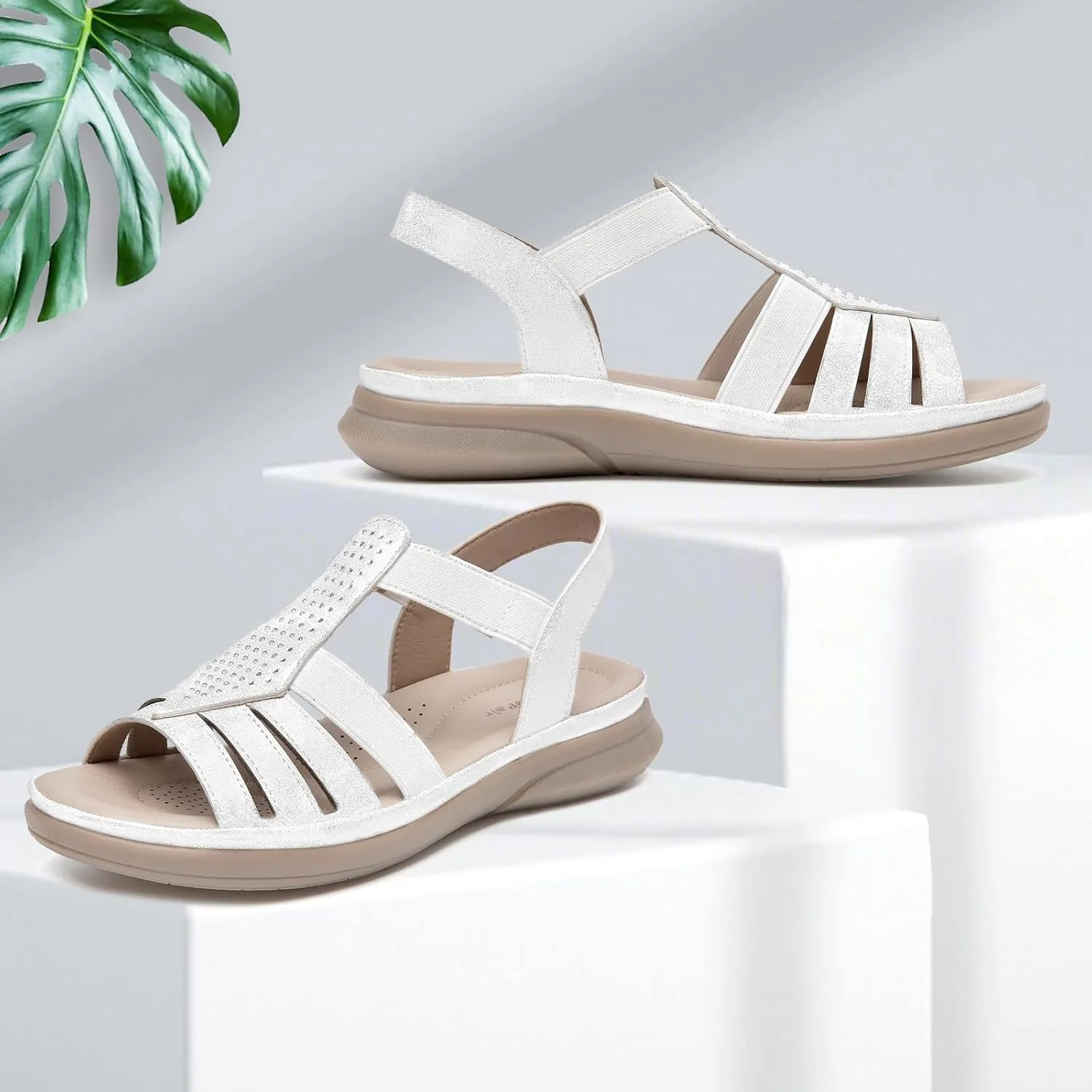SelenePair Women's Flat Sandals Elastic Straps Rhinestone Arch Support Lightweight Slides Comfortable Casual Walking Shoes