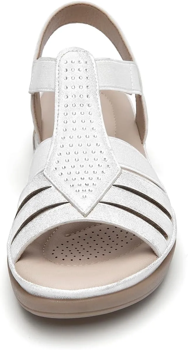 SelenePair Women's Flat Sandals Elastic Straps Rhinestone Arch Support Lightweight Slides Comfortable Casual Walking Shoes