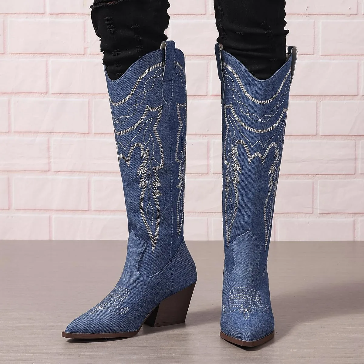 SelRoys Cowboy Boots for Women Cowgirl Embroidered Stitched Pointy Toe Chunky Heel Western Country Fashion Boots