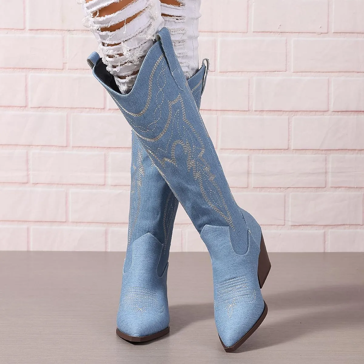 SelRoys Cowboy Boots for Women Cowgirl Embroidered Stitched Pointy Toe Chunky Heel Western Country Fashion Boots