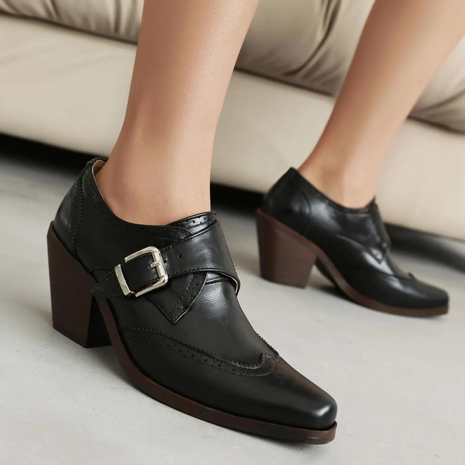 SHEMEE Women's Monk Strap Oxfords Loafers Shoes Chunky Heels Almond Square Toe Vintage Wingtip Brogues British Buckled Business Dress Pumps