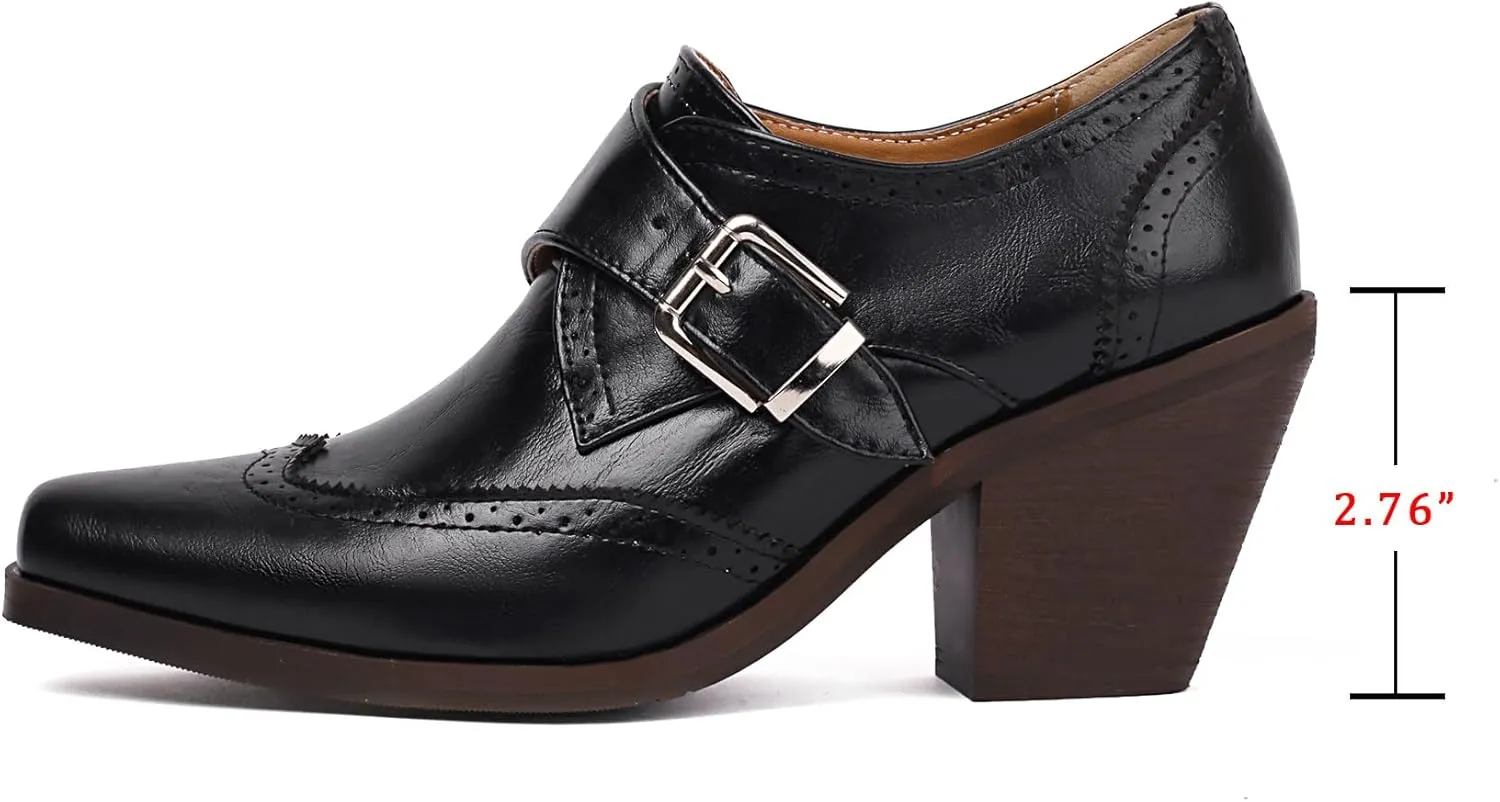 SHEMEE Women's Monk Strap Oxfords Loafers Shoes Chunky Heels Almond Square Toe Vintage Wingtip Brogues British Buckled Business Dress Pumps