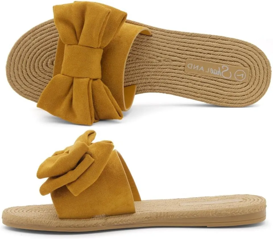 Shoe Land SL-Nylah Womens Flat Sandals Fashion Knot Bow Slides Open Toe Dressy Sandal Slip on Slippers Black Red Beige Fuchsia Green Blue Flat Sandals for Summer Beach Vacation
