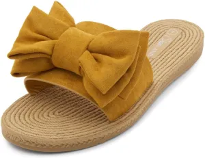 Shoe Land SL-Nylah Womens Flat Sandals Fashion Knot Bow Slides Open Toe Dressy Sandal Slip on Slippers Black Red Beige Fuchsia Green Blue Flat Sandals for Summer Beach Vacation