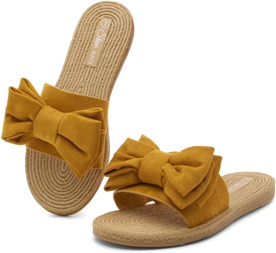 Shoe Land SL-Nylah Womens Flat Sandals Fashion Knot Bow Slides Open Toe Dressy Sandal Slip on Slippers Black Red Beige Fuchsia Green Blue Flat Sandals for Summer Beach Vacation