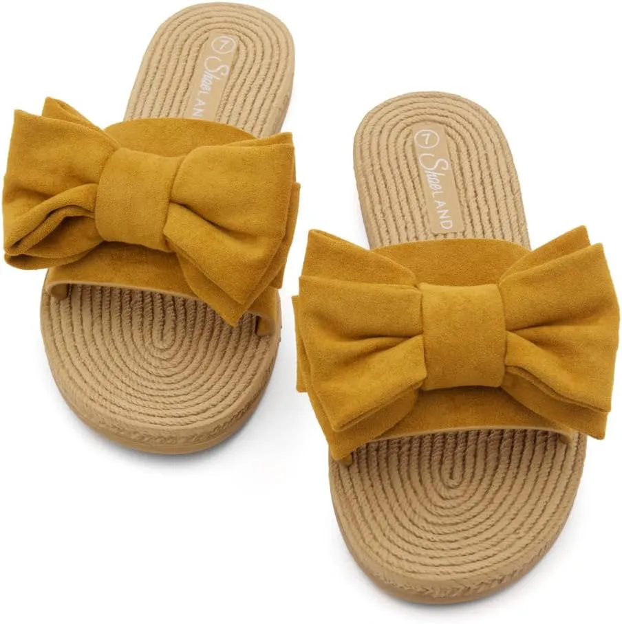 Shoe Land SL-Nylah Womens Flat Sandals Fashion Knot Bow Slides Open Toe Dressy Sandal Slip on Slippers Black Red Beige Fuchsia Green Blue Flat Sandals for Summer Beach Vacation