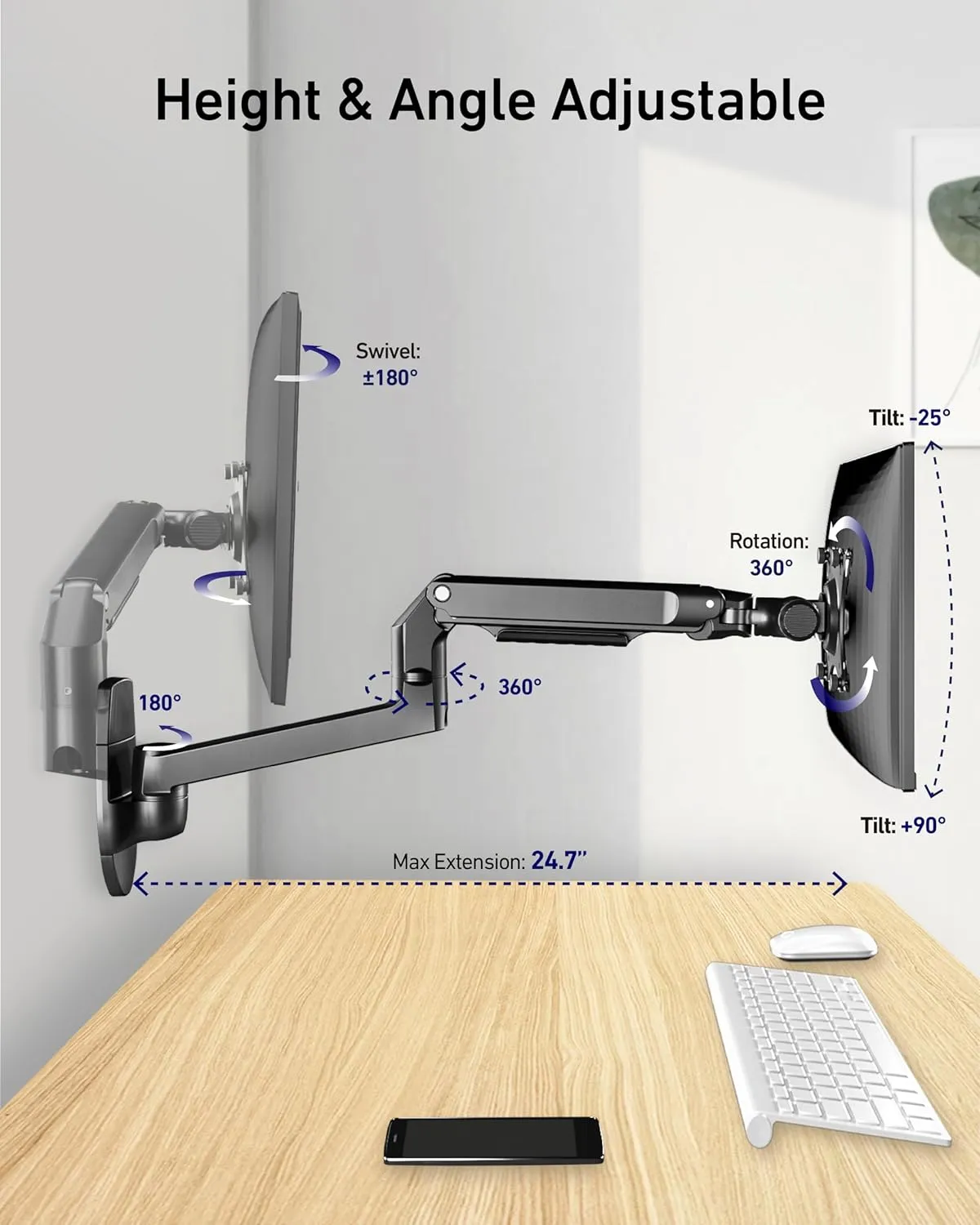 Single Monitor Wall Mount for Flat or Curved Screens up to 38" Within 25 lbs, Full Motion Adjustable Monitor Arm with Cable Management, VESA 75x75/100x100mm, Black
