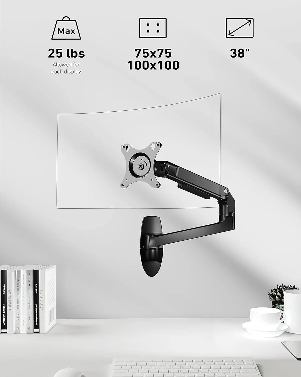 Single Monitor Wall Mount for Flat or Curved Screens up to 38" Within 25 lbs, Full Motion Adjustable Monitor Arm with Cable Management, VESA 75x75/100x100mm, Black