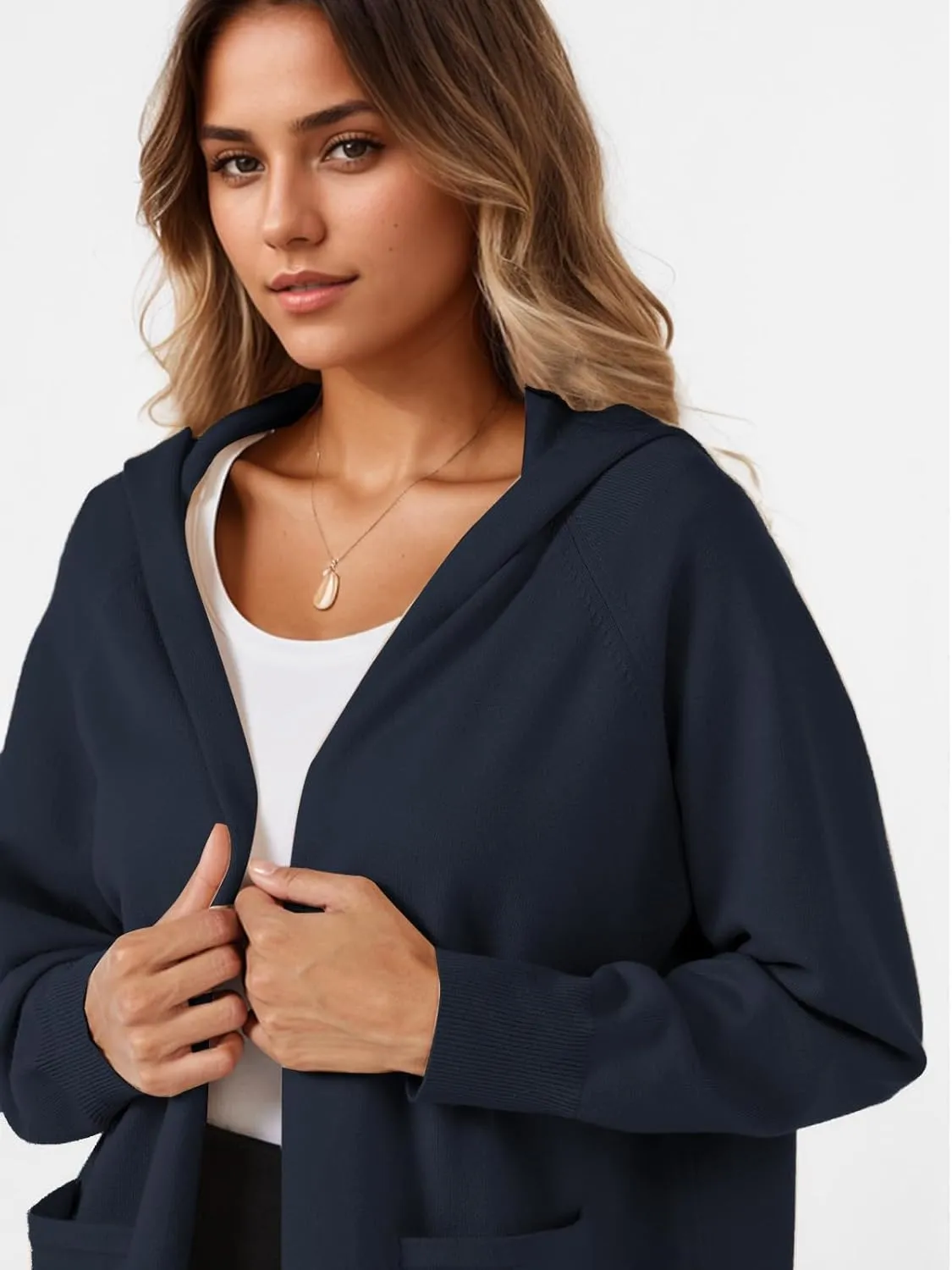 SMENG Women's Lightweight Hooded Sweater Open Front Cardigan Casual Knit Long Sleeve Outerwear with Pockets