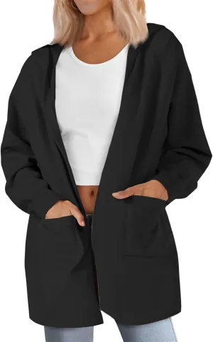 SMENG Women's Lightweight Hooded Sweater Open Front Cardigan Casual Knit Long Sleeve Outerwear with Pockets