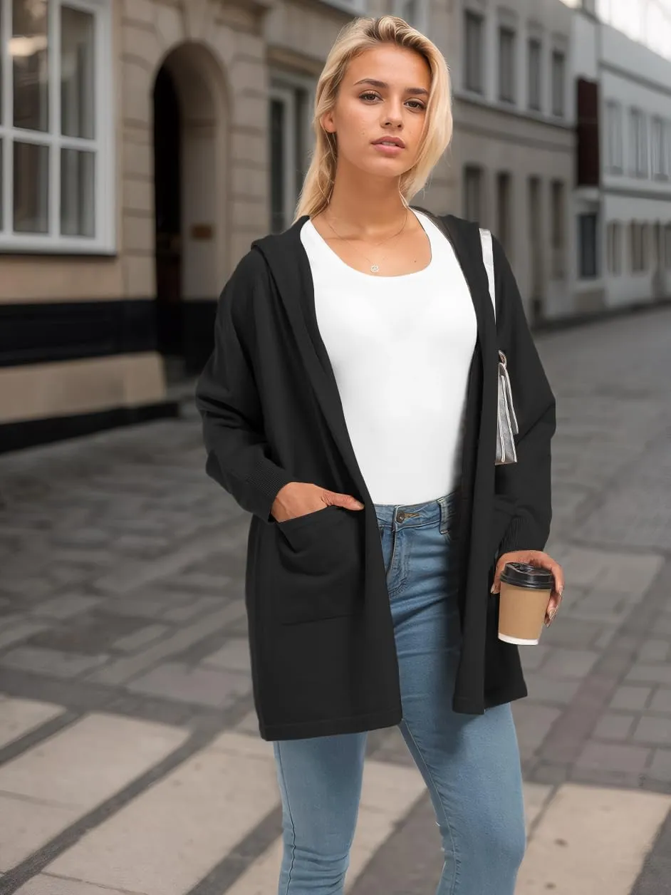 SMENG Women's Lightweight Hooded Sweater Open Front Cardigan Casual Knit Long Sleeve Outerwear with Pockets