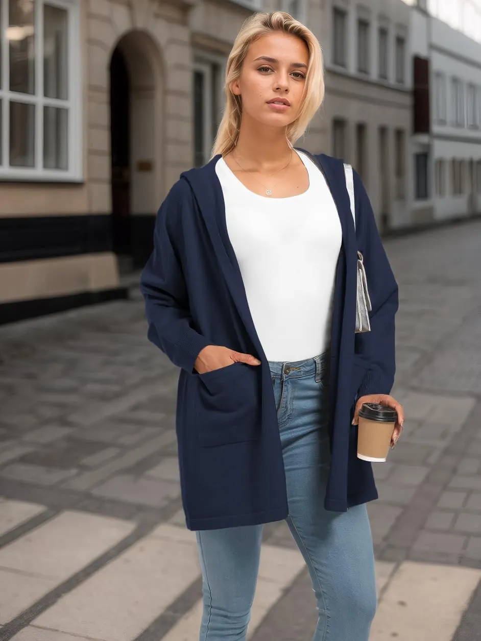 SMENG Women's Lightweight Hooded Sweater Open Front Cardigan Casual Knit Long Sleeve Outerwear with Pockets