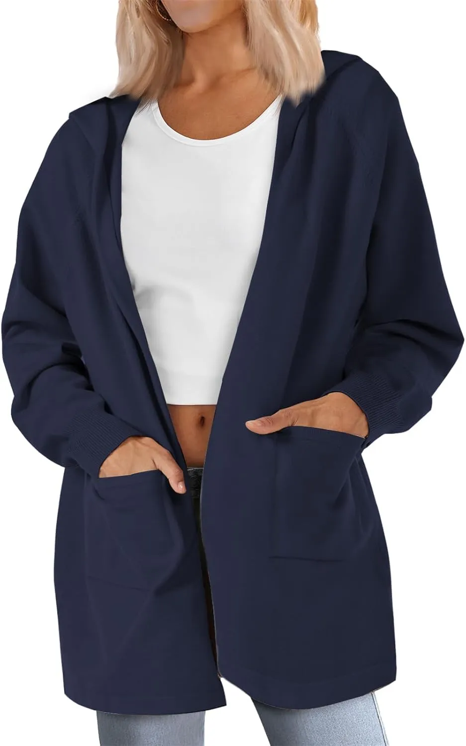 SMENG Women's Lightweight Hooded Sweater Open Front Cardigan Casual Knit Long Sleeve Outerwear with Pockets