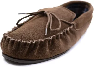 SNUGRUGS Mens Cotton Lined Suede Moccasin Slipper with Rubber Sole