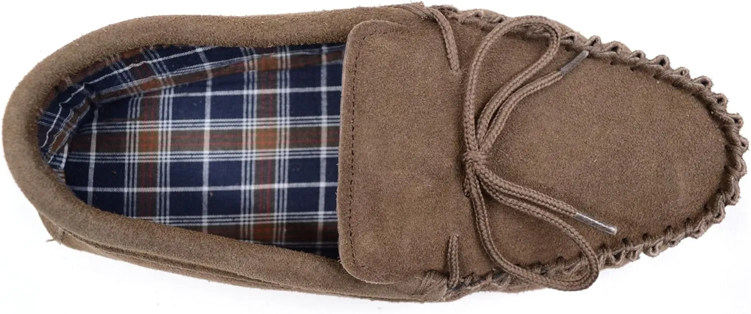 SNUGRUGS Mens Cotton Lined Suede Moccasin Slipper with Rubber Sole