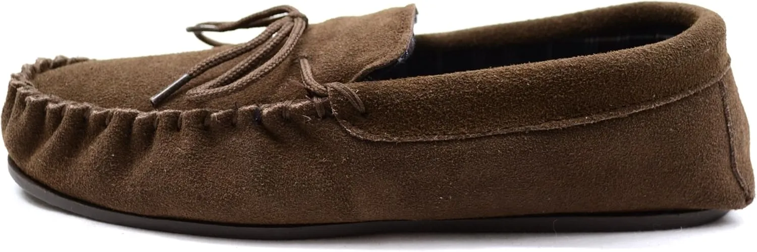 SNUGRUGS Mens Cotton Lined Suede Moccasin Slipper with Rubber Sole