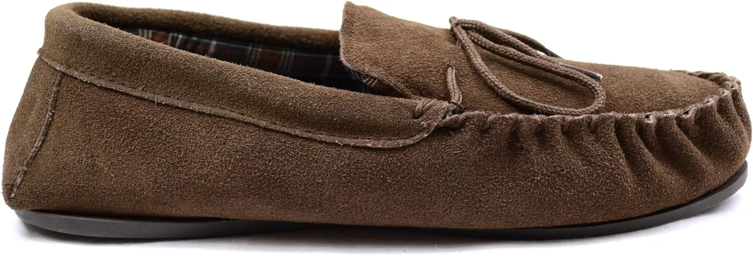SNUGRUGS Mens Cotton Lined Suede Moccasin Slipper with Rubber Sole