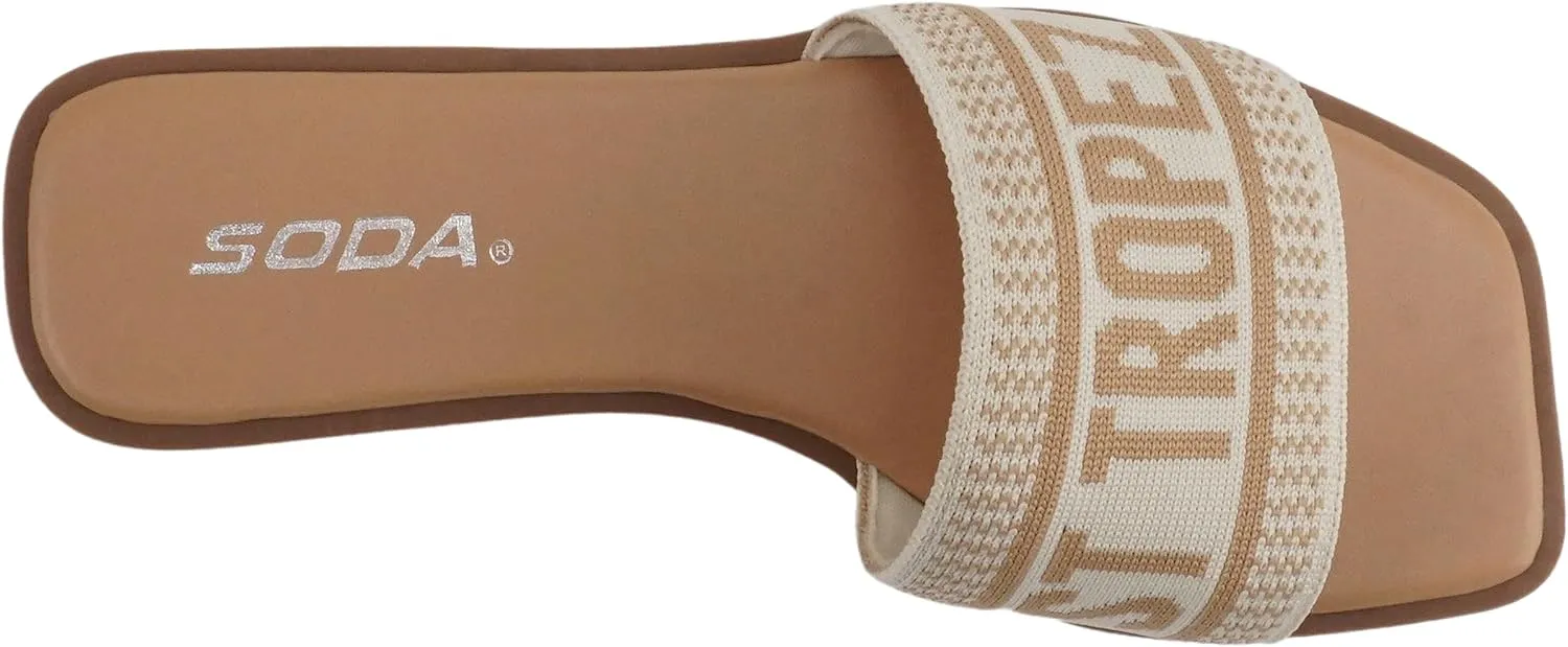 Soda “FLAIR” ~ Women Square Open Toe Single Embroider Band Slip-On Flat Summer Resort Sandal