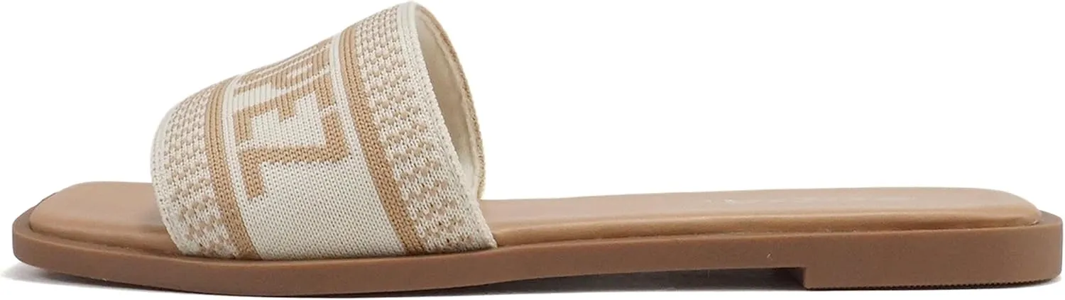 Soda “FLAIR” ~ Women Square Open Toe Single Embroider Band Slip-On Flat Summer Resort Sandal
