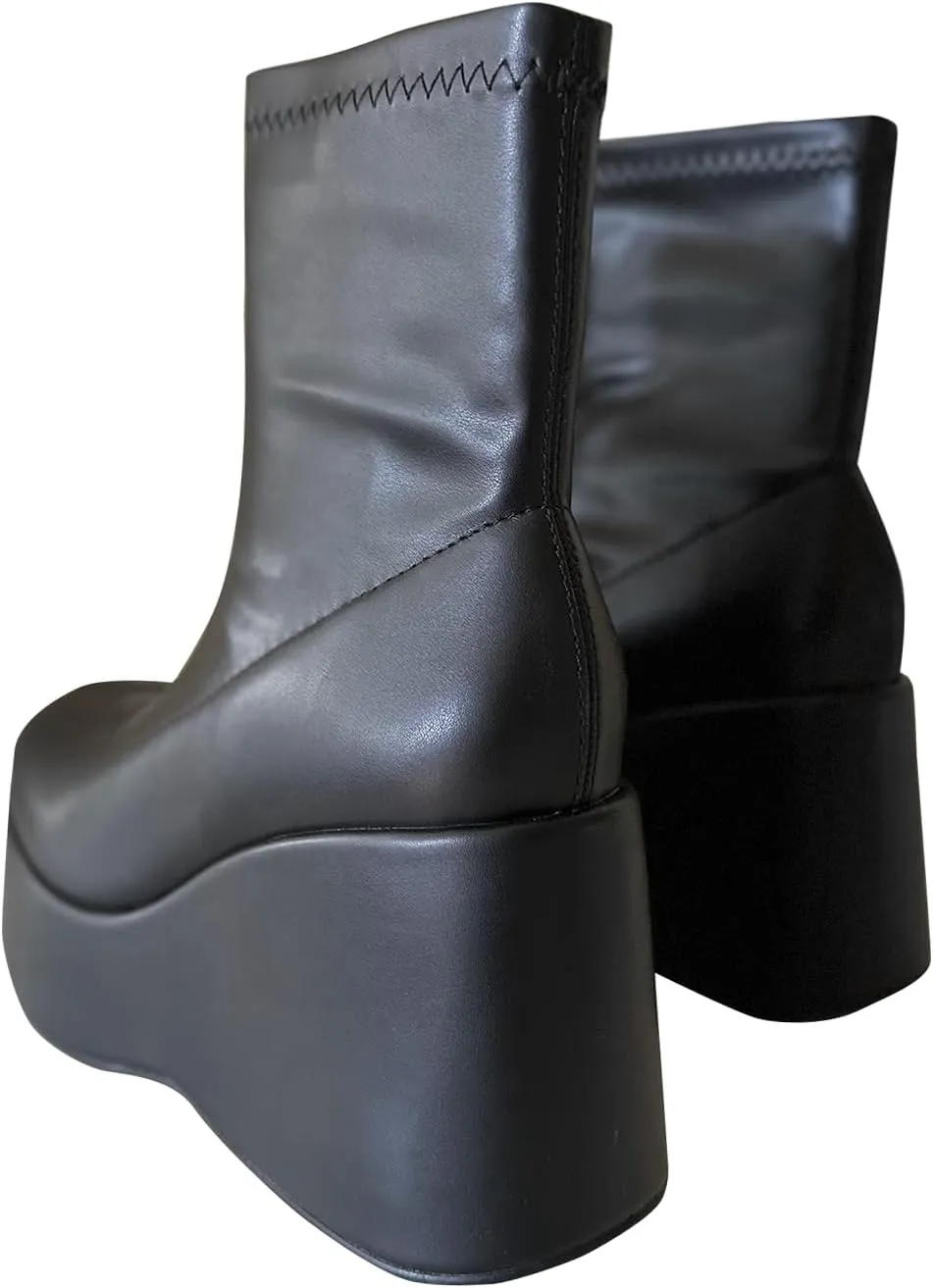 Soda Women Rounded Toe Platform Wedge Heel Fitted Sock Ankle Boot Booties