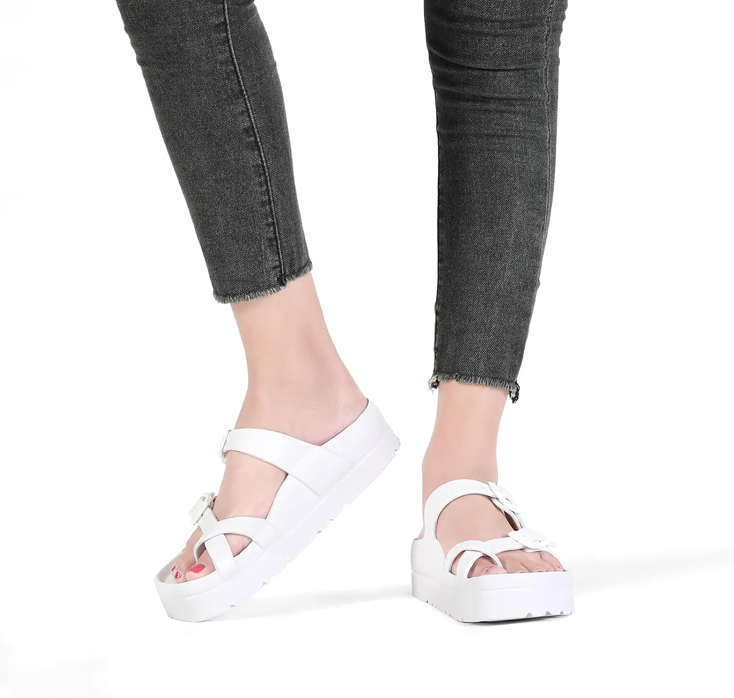 SOSOWHLTE Womens Platform Sandals Adjustable Buckle Summer Arch Support Cushion Slides Woman Lightweight Thick Soles Flat Shoes
