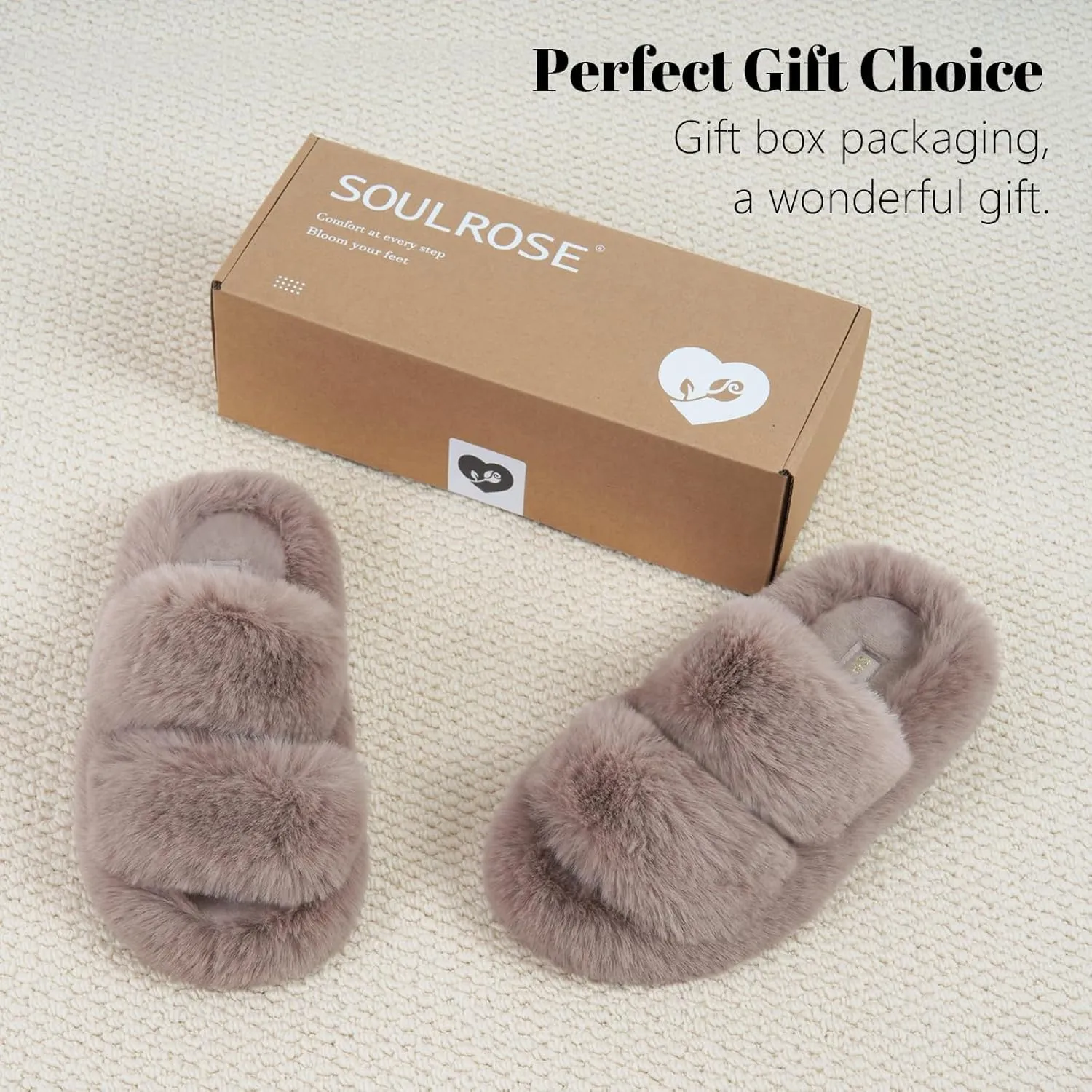 SOULROSE Women's Slippers Open Toe Memory Foam House Slippers for Women Fuzzy Furry Comfy Faux Fur Bedroom Platform Indoor Outdoor Slide Shoes with Anti-Slip Sole Womens Gift Slippers