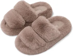 SOULROSE Women's Slippers Open Toe Memory Foam House Slippers for Women Fuzzy Furry Comfy Faux Fur Bedroom Platform Indoor Outdoor Slide Shoes with Anti-Slip Sole Womens Gift Slippers