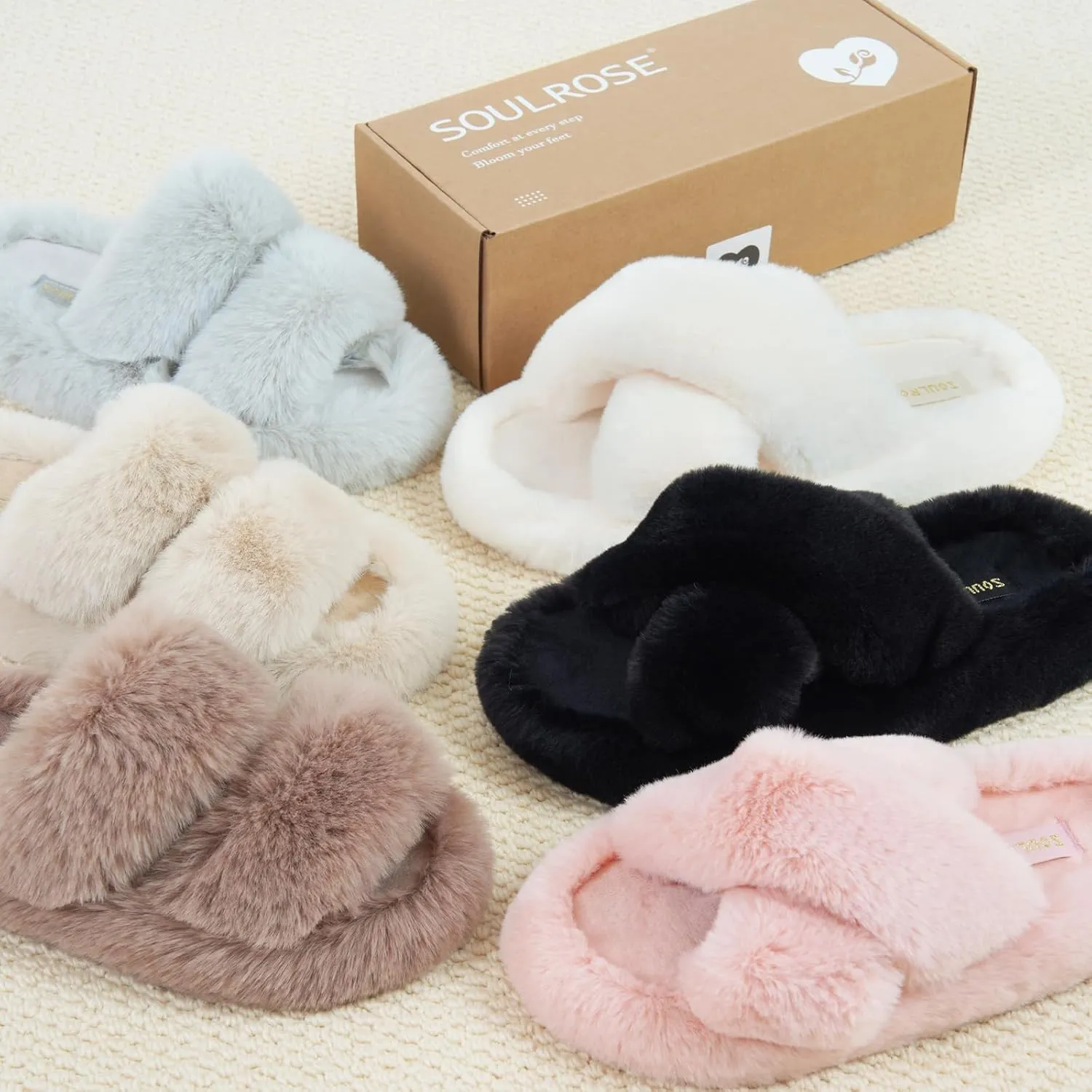 SOULROSE Women's Slippers Open Toe Memory Foam House Slippers for Women Fuzzy Furry Comfy Faux Fur Bedroom Platform Indoor Outdoor Slide Shoes with Anti-Slip Sole Womens Gift Slippers