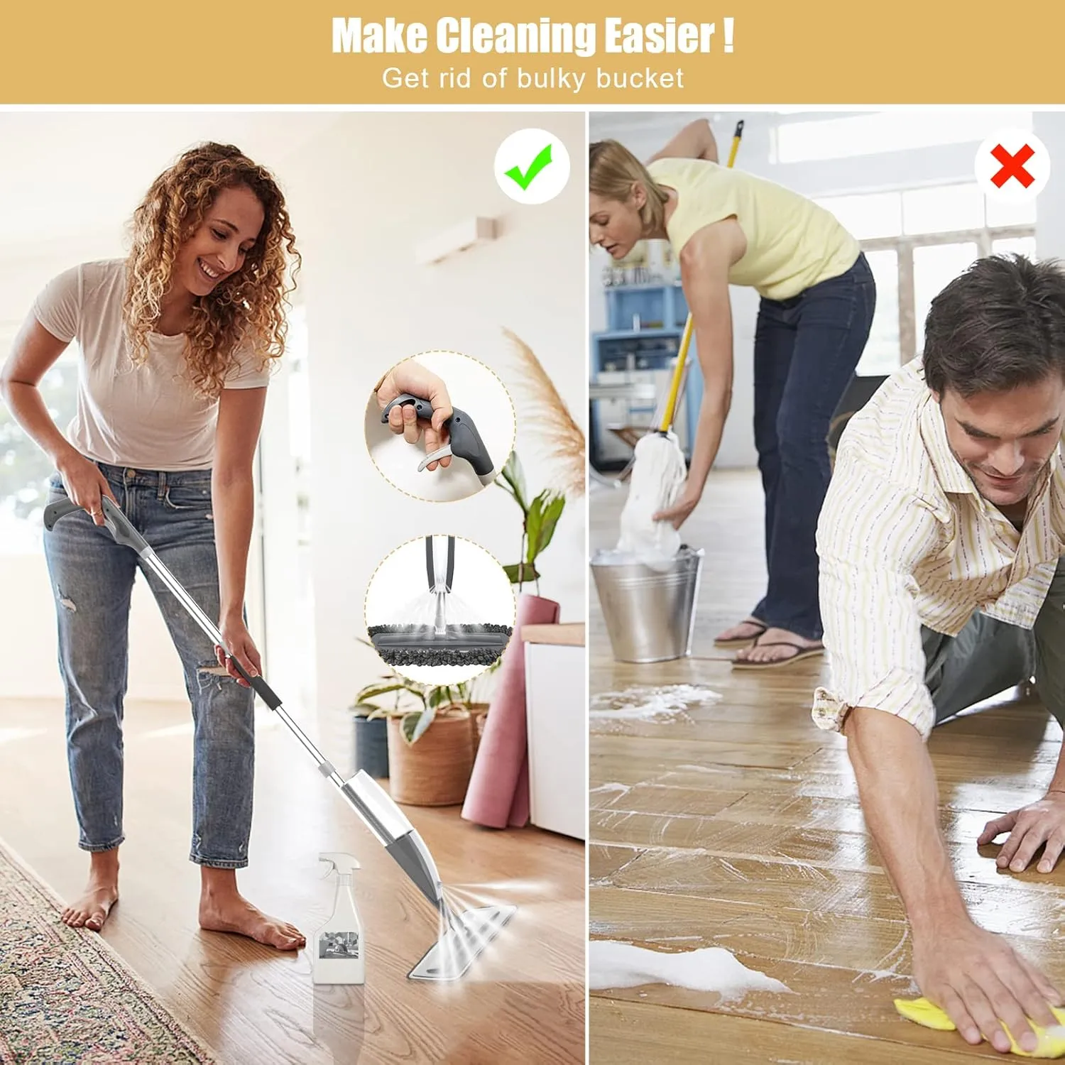 Spray Mop for Floor Cleaning - Microfiber Wet Floor Mop with 3 Washable Pads and Refillable Bottle, Flat Mop with Sprayer for Kitchen Wood Hardwood Laminate Tile Floors Dust Cleaning