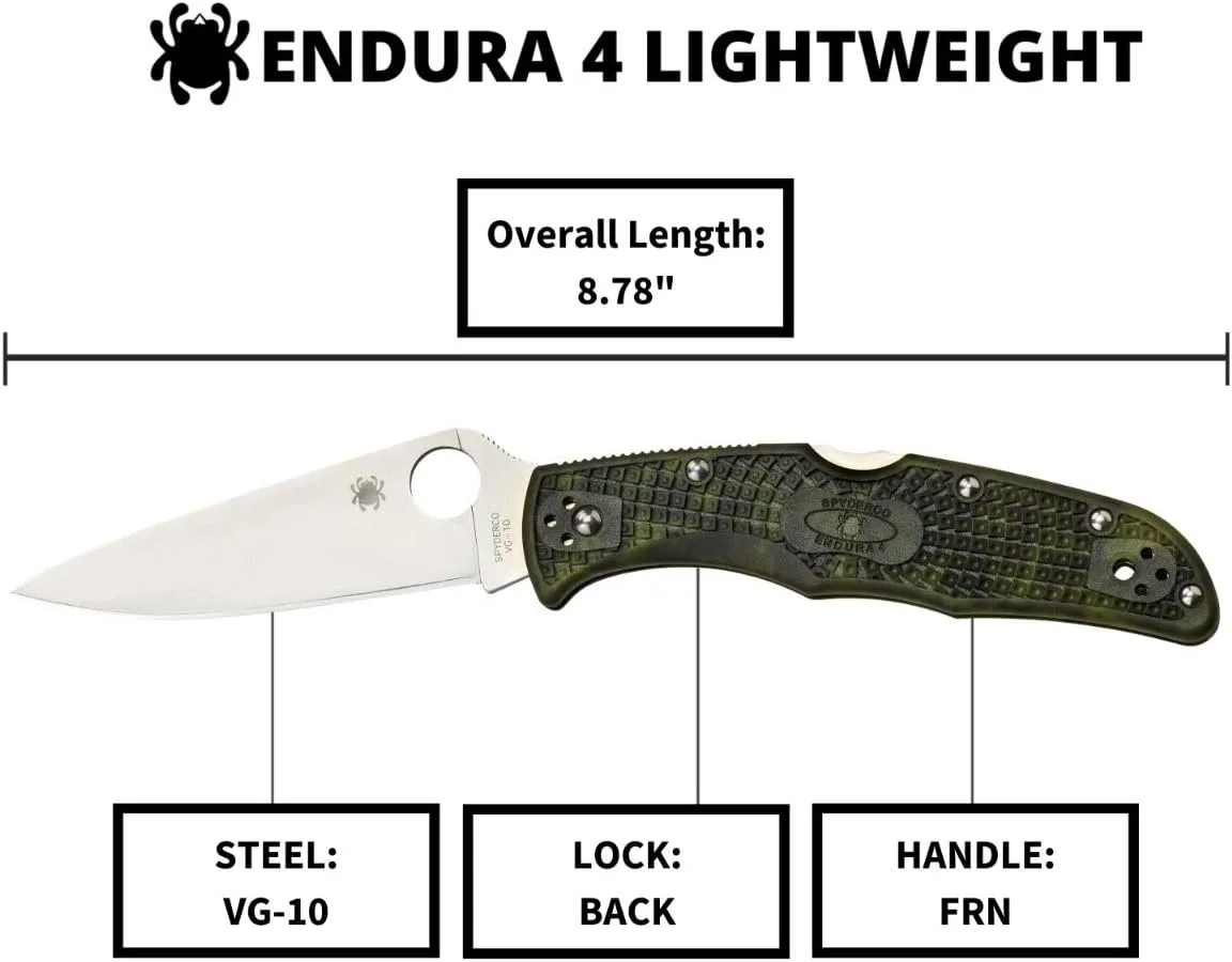 Spyderco Endura 4 Lightweight Signature Knife with 3.80" VG-10 Steel Blade and Zome Green FRN Handle - PlainEdge - C10ZFPGR
