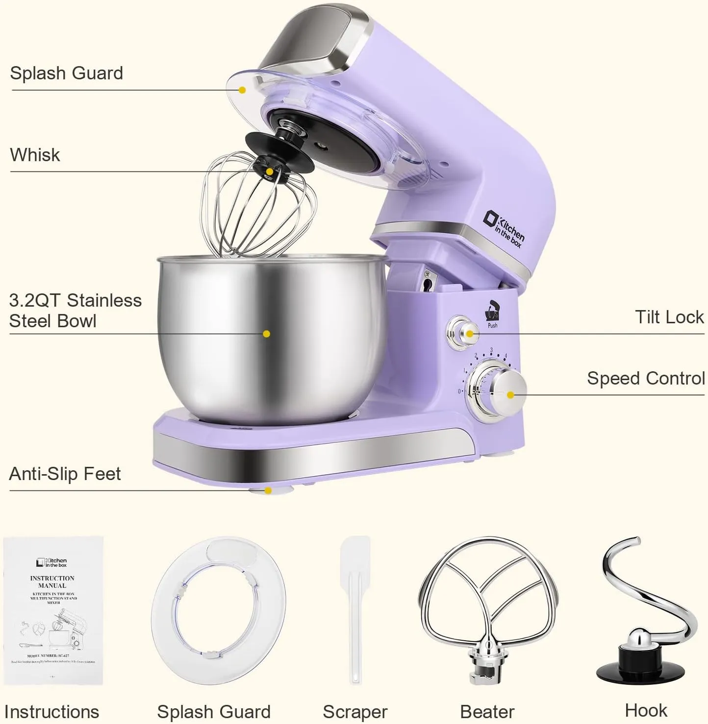 Stand Mixer, Kitchen in the box 3.2Qt Small Electric Food Mixer,6 Speeds Portable Lightweight Kitchen Mixer for Daily Use with Egg Whisk,Dough Hook,Flat Beater (Purple) (Renewed)