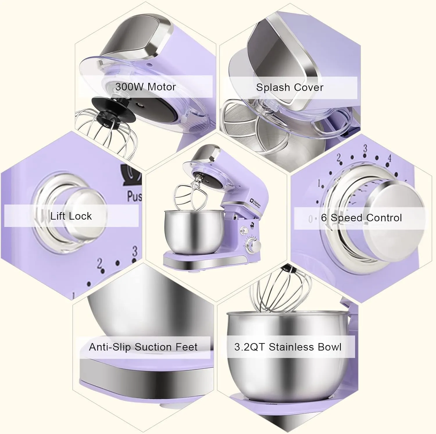 Stand Mixer, Kitchen in the box 3.2Qt Small Electric Food Mixer,6 Speeds Portable Lightweight Kitchen Mixer for Daily Use with Egg Whisk,Dough Hook,Flat Beater (Purple) (Renewed)