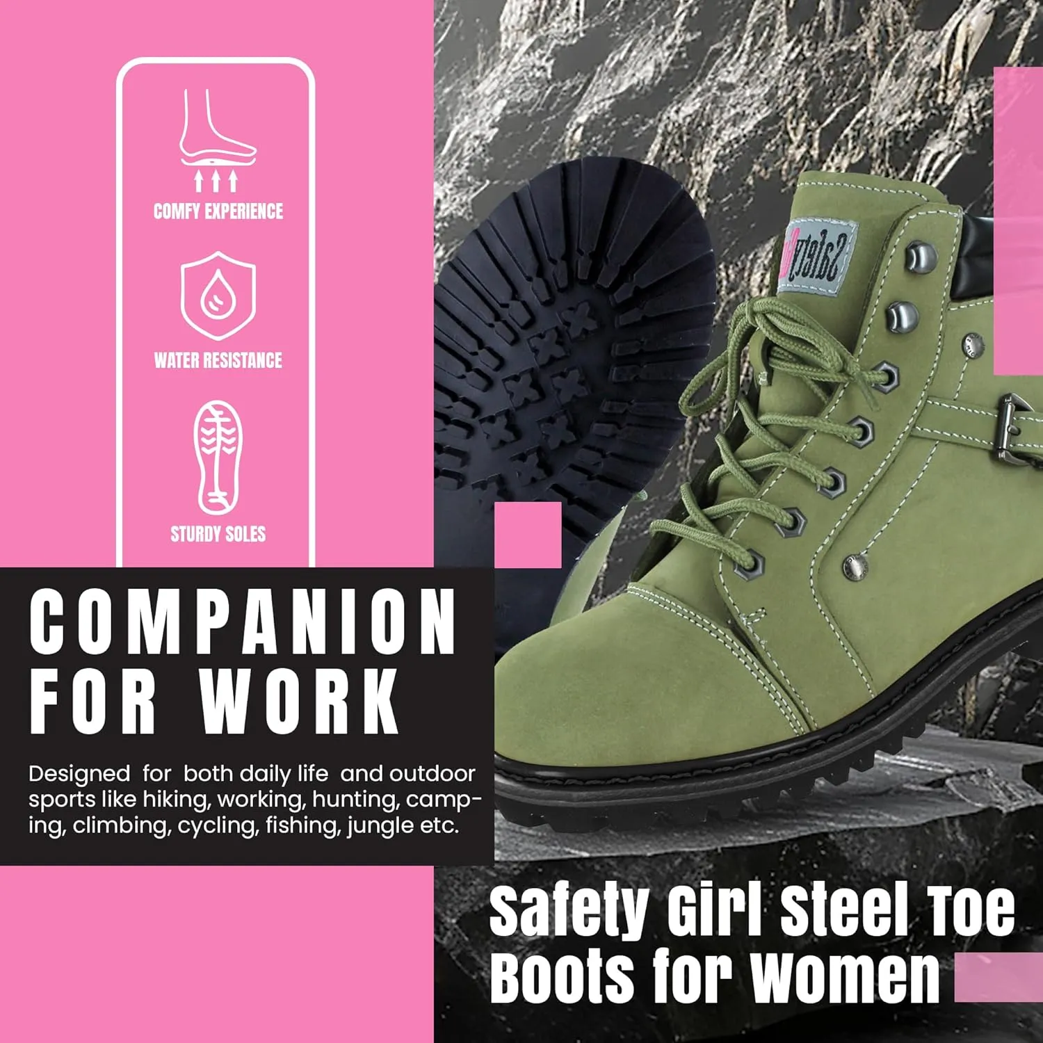 Steel Toe Boots for Women - Moss - 9M | Waterproof Women's Fusion Work Boots | Leather Work Boots | Rugged Goodyear Welt Construction | Oil Resistant Outsoles & Cushioned Insoles