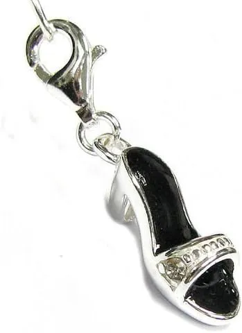 Sterling Silver 3-d High Hell Lady Slipper Enamel Dangle Pendant F/European Clip On Charm W/Lobster Clasp