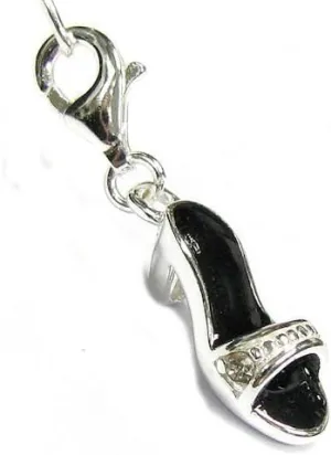 Sterling Silver 3-d High Hell Lady Slipper Enamel Dangle Pendant F/European Clip On Charm W/Lobster Clasp