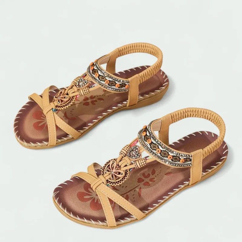 Strazoro | Women's Flat Boho Sandals Beaded Detail Elastic Back Strap