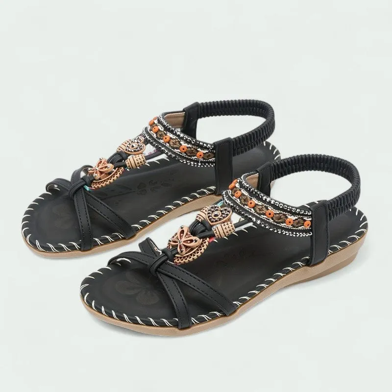 Strazoro | Women's Flat Boho Sandals Beaded Detail Elastic Back Strap