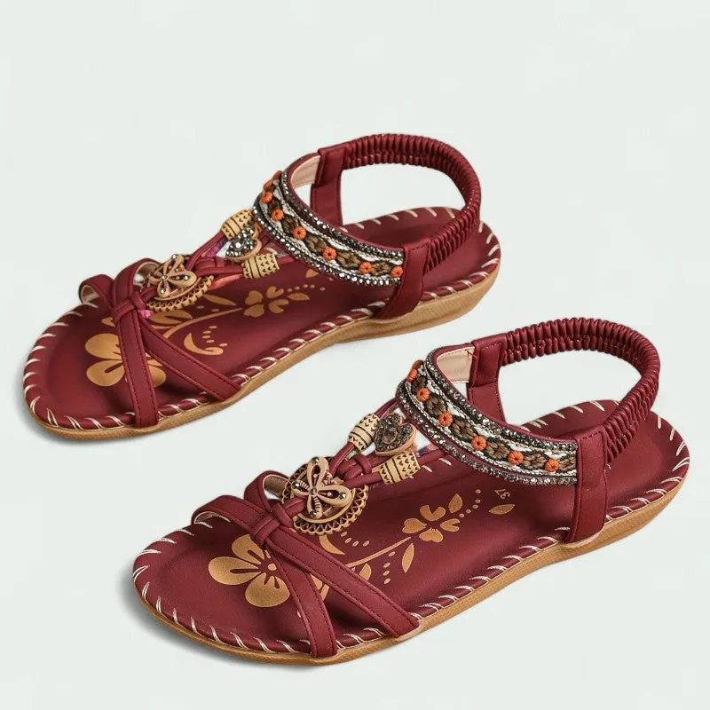 Strazoro | Women's Flat Boho Sandals Beaded Detail Elastic Back Strap
