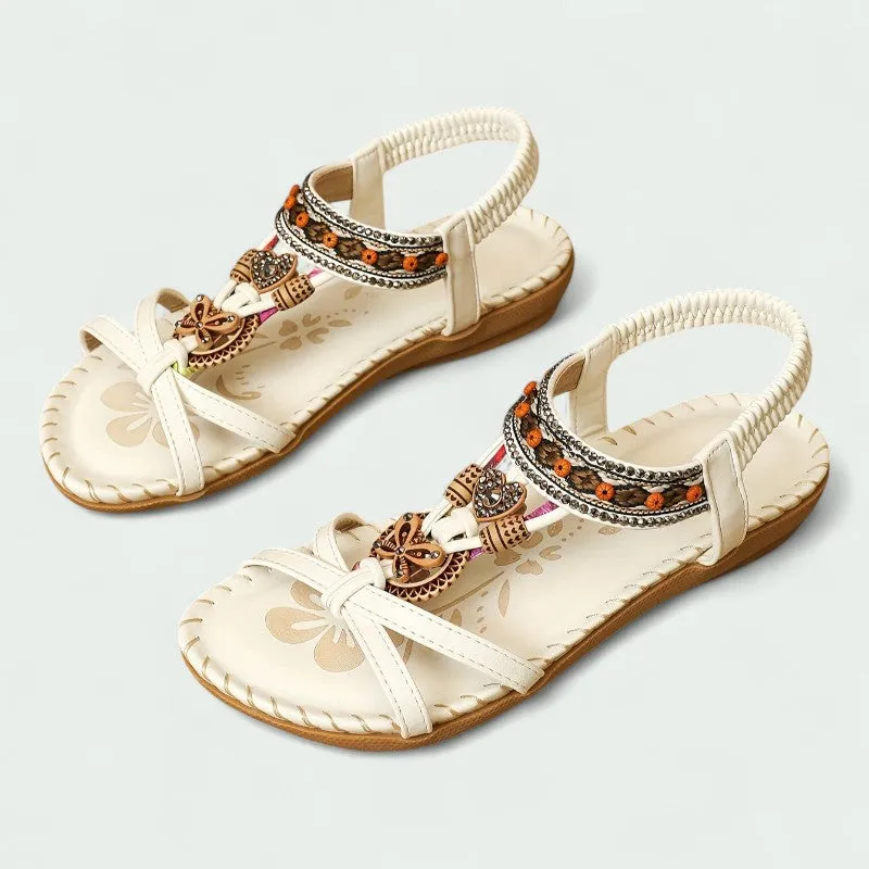 Strazoro | Women's Flat Boho Sandals Beaded Detail Elastic Back Strap