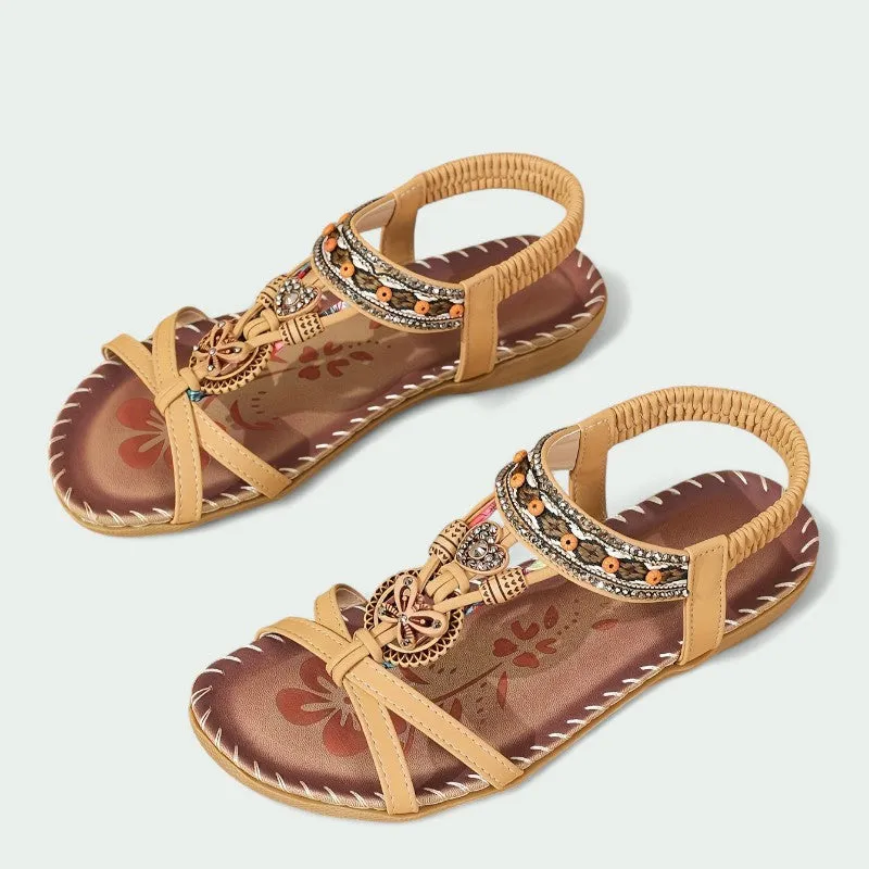 Strazoro | Women's Flat Boho Sandals Beaded Detail Elastic Back Strap