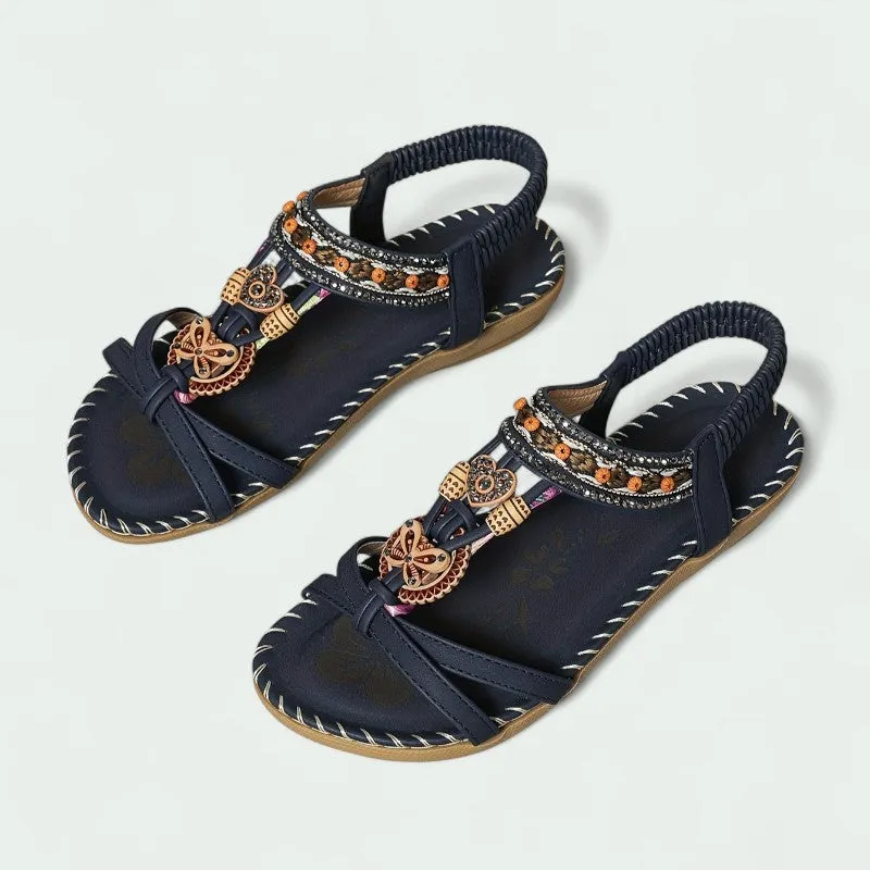 Strazoro | Women's Flat Boho Sandals Beaded Detail Elastic Back Strap