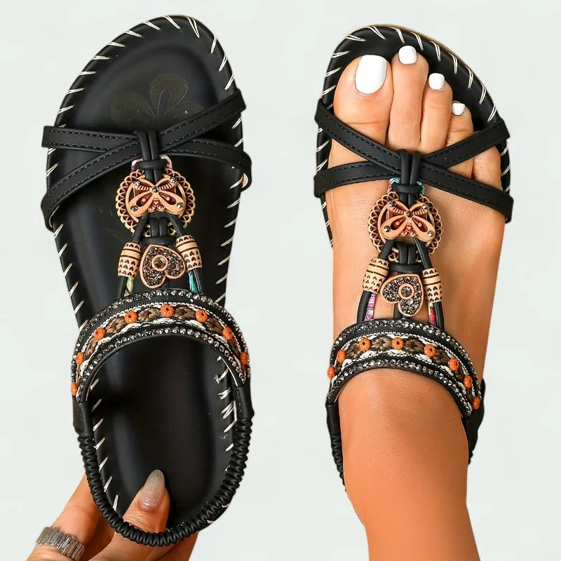 Strazoro | Women's Flat Boho Sandals Beaded Detail Elastic Back Strap