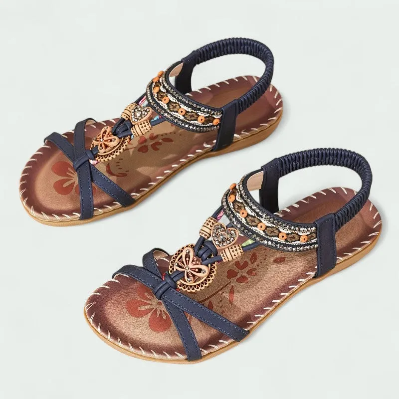 Strazoro | Women's Flat Boho Sandals Beaded Detail Elastic Back Strap