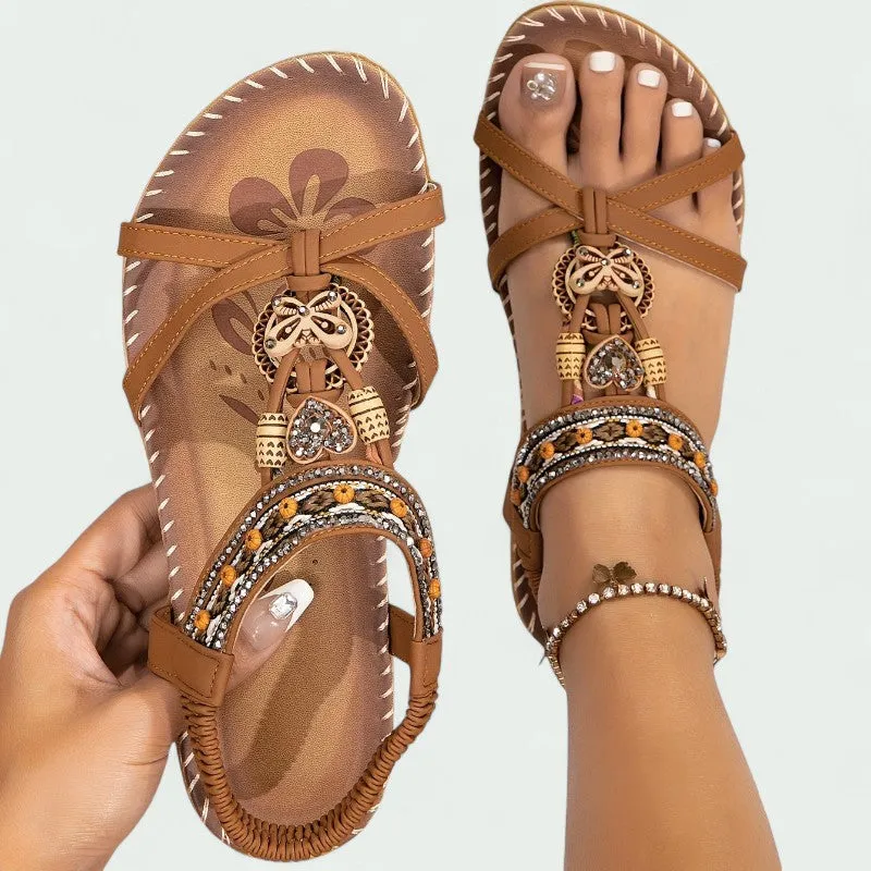Strazoro | Women's Flat Boho Sandals Beaded Detail Elastic Back Strap