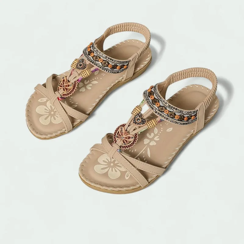 Strazoro | Women's Flat Boho Sandals Beaded Detail Elastic Back Strap