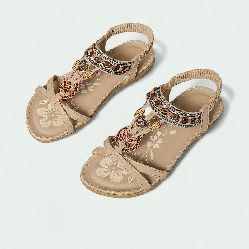 Strazoro | Women's Flat Boho Sandals Beaded Detail Elastic Back Strap
